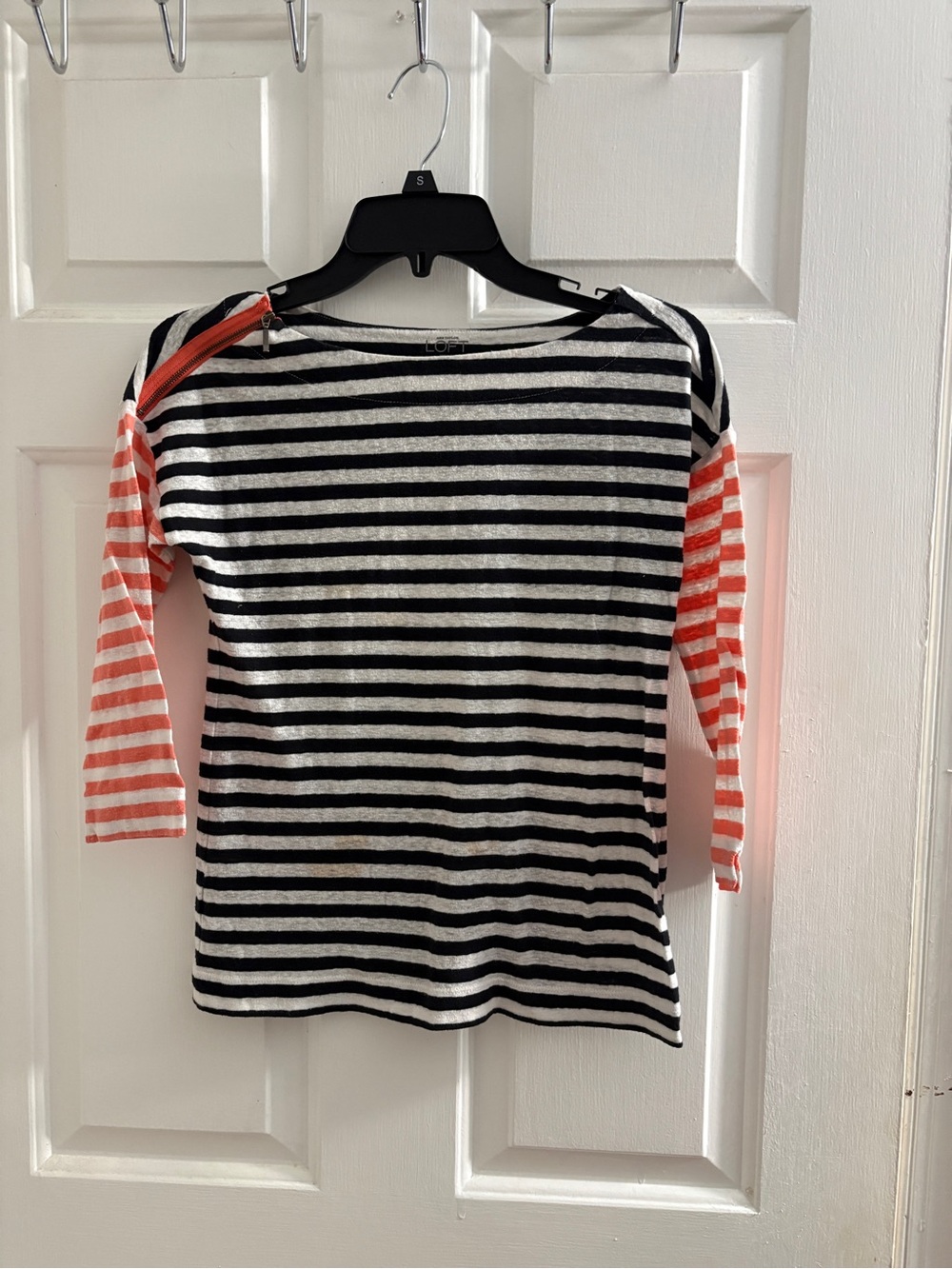 Ann Taylor Striped Long Sleeve Top - Black, White & Coral